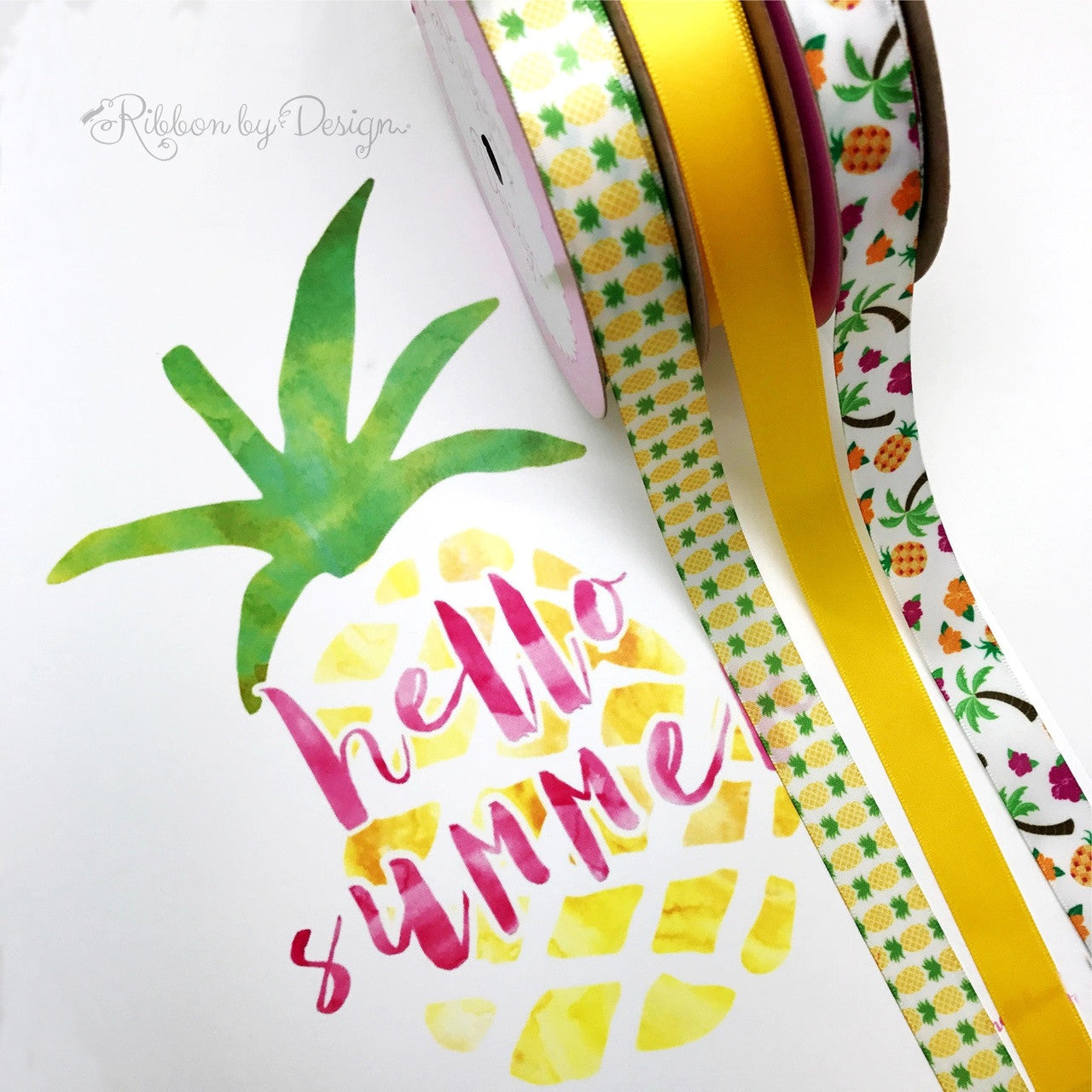 Pineapple Ribbon, Yellow and Green on 5/8" white single face satin