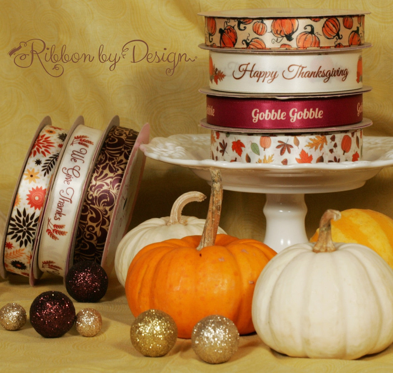 Our Fall Collection includes Happy Thanksgiving and We Give Thanks ribbons to make a beautiful vignette for your business or home.
