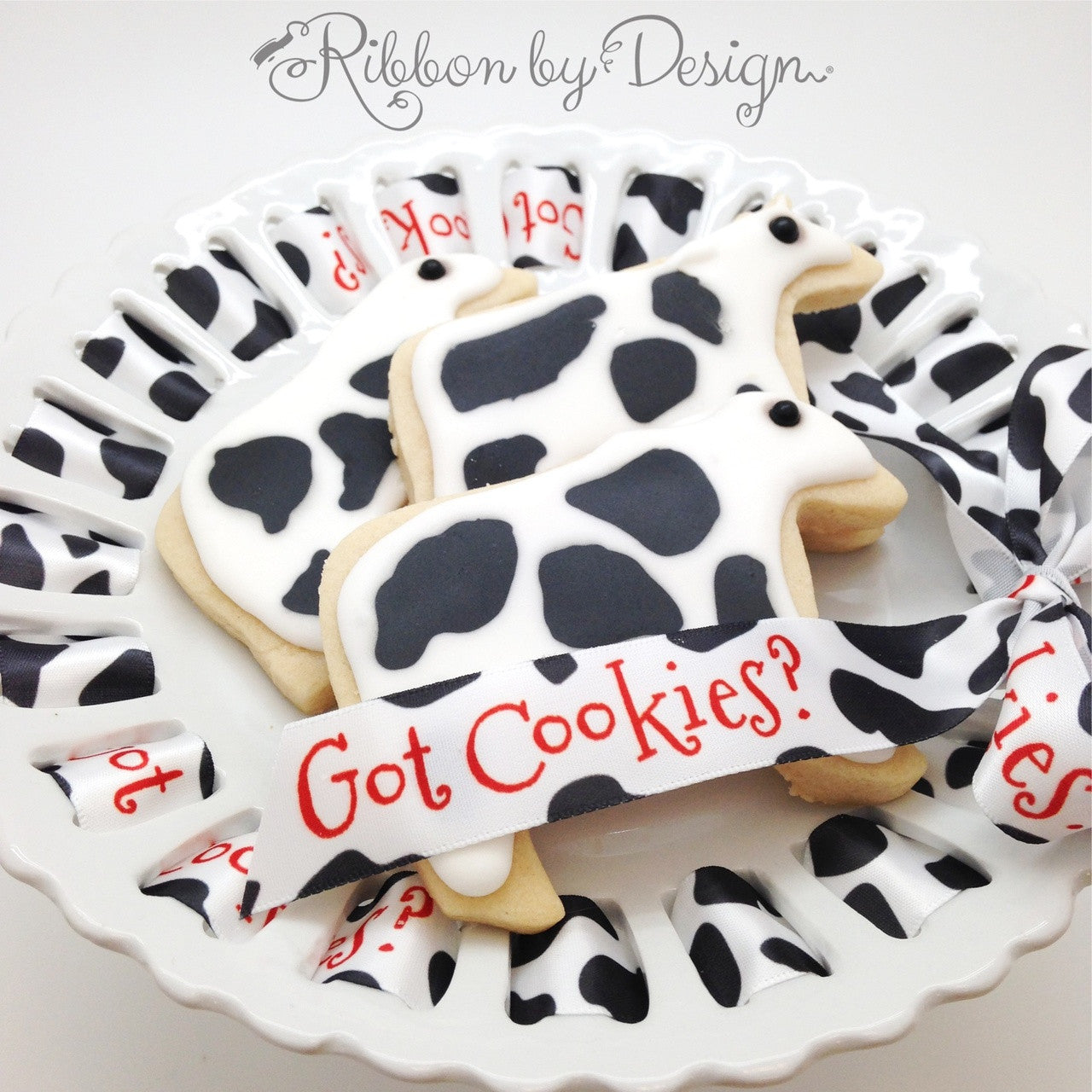 Got Cookies? Ribbon with Black and White Cow Pattern on 7/8" White Single Face Satin Ribbon