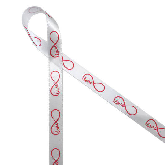 The infinity loop is a symbol of everlasting love! Our red infinity look with the word love printed on 5/8" white single face satin ribbon is the perfect ribbon for a Valentine gift and message. Let the one you love know it's forever by tying their gift with this beautiful ribbon. All our ribbons are designed and printed in the USA