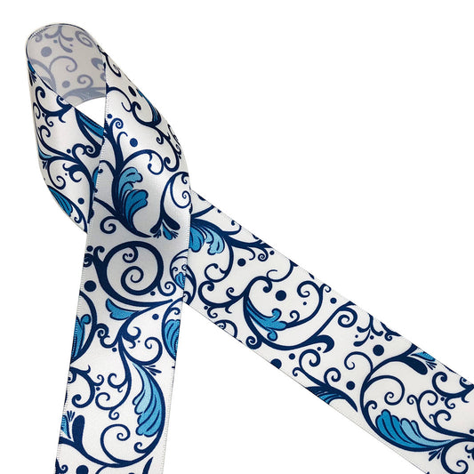 Our beautiful Chinoiserie style  ginger jar blue and white filigree pattern printed on 1.5" white single face satin ribbon is ideal for elegant gift wrap, floral design, wreaths and  interior design accents. Be sure to have this classic beauty on hand for all your creative ideas! All our ribbon is designed and printed in the USA