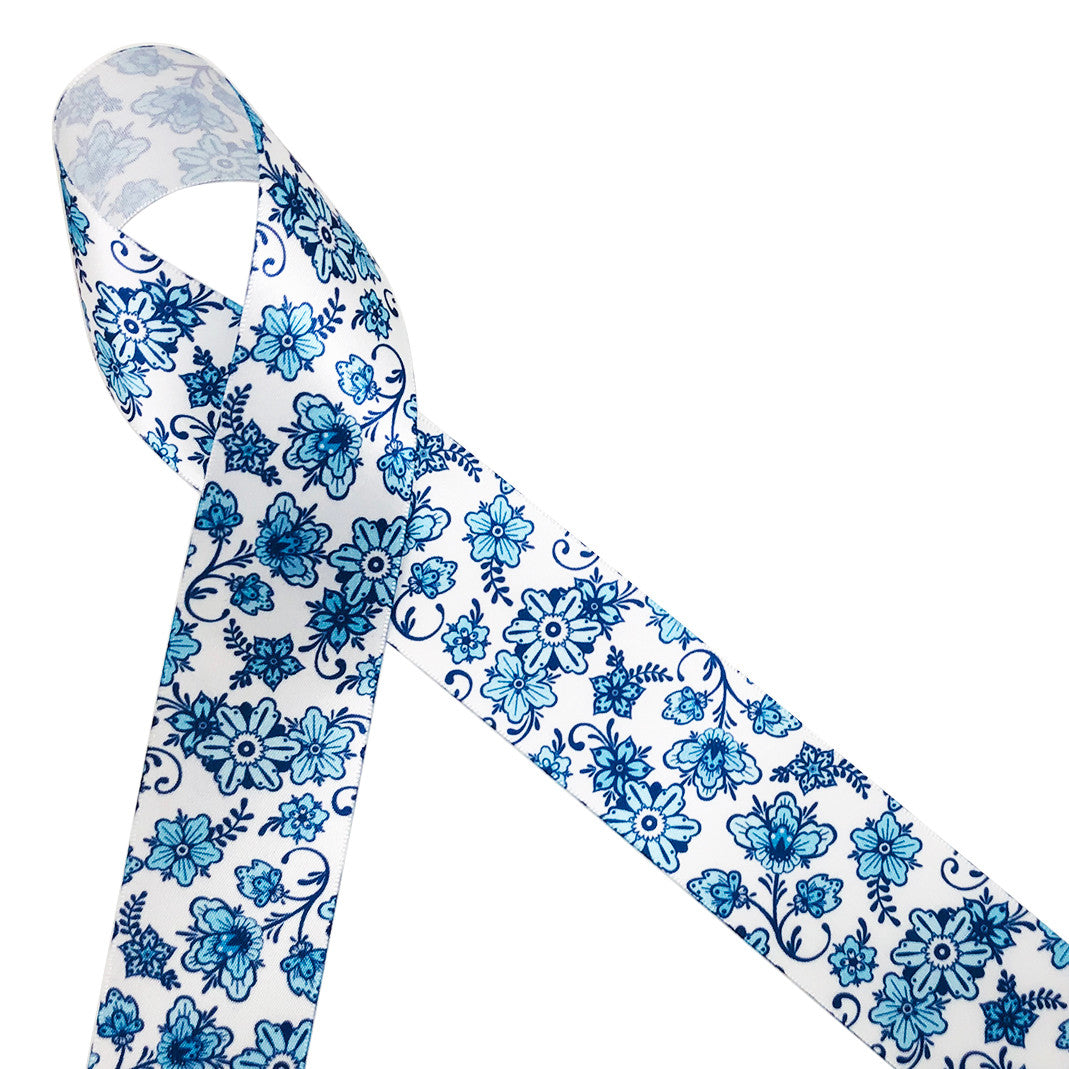 Our beautiful Chinoiserie style  ginger jar blue and white floral pattern printed on 1.5" white single face satin ribbon is ideal for elegant gift wrap, floral design, wreaths and  interior design accents. Be sure to have this classic beauty on hand for all your creative ideas! All our ribbon is designed and printed in the USA