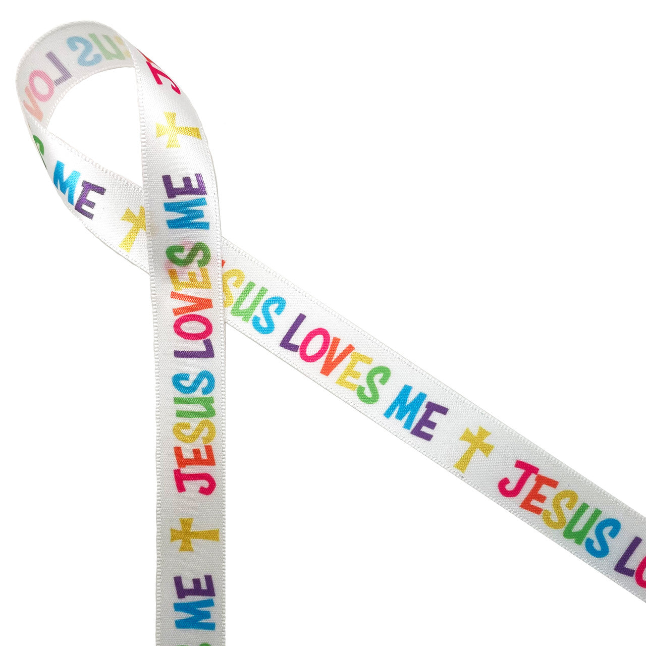 Jesus Loves Me Christian ribbon with rainbow print on 5/8