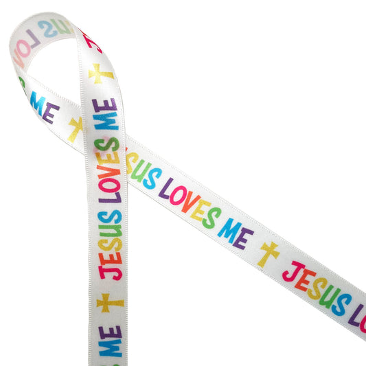 Jesus Loves Me in rainbow colors printed on 5/8" white single face satin ribbon is the perfect addition to  Sunday School activities, Christian gifts, Church services, Christian services, First Communion, and crafts! Be sure to have this ribbon on hand for scrapbooking, table decor, sewing and quilting projects too!