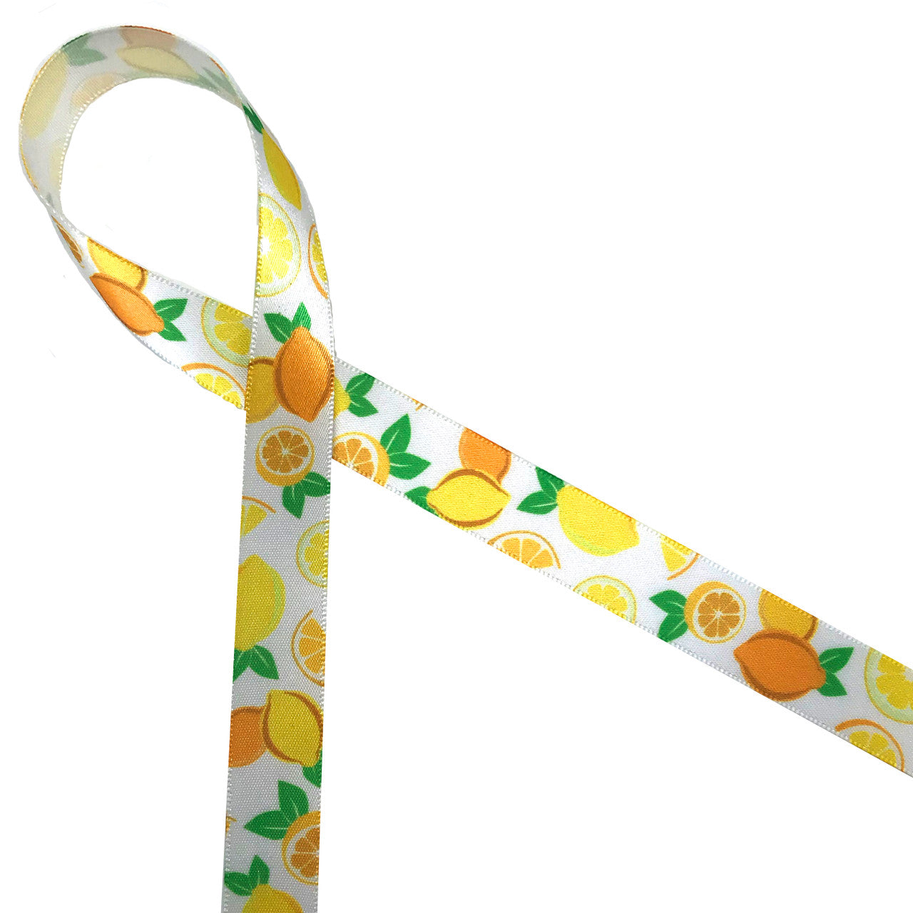 Lemons ribbon yellow lemons cut and whole with leaves  printed on 5/8:" and 7/8" white single face satin