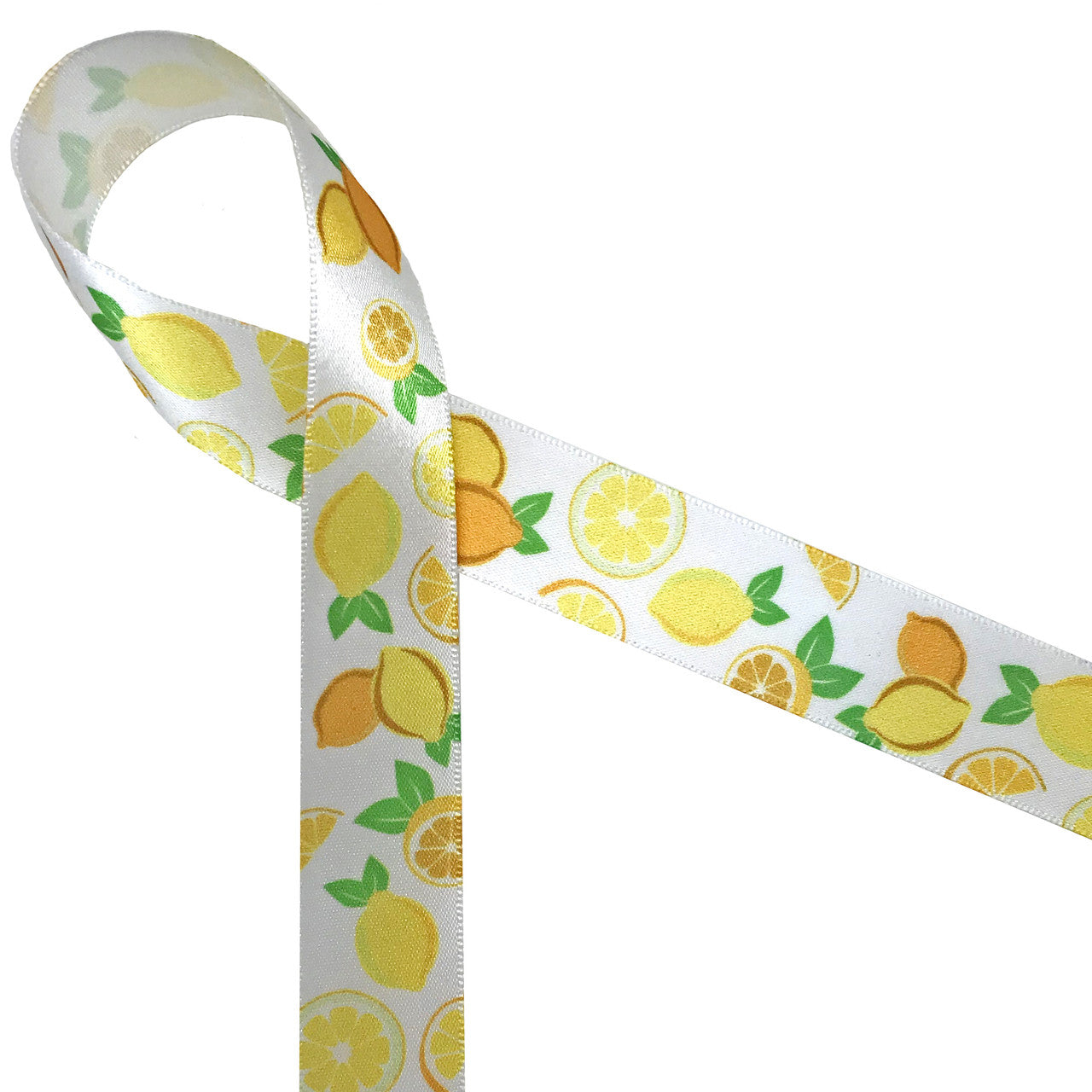 Lemons in yellow and orange whole and sliced with green leaves are such a fun and happy addition  to any party! Ours is printed on 7/8" white single face satin ribbon.