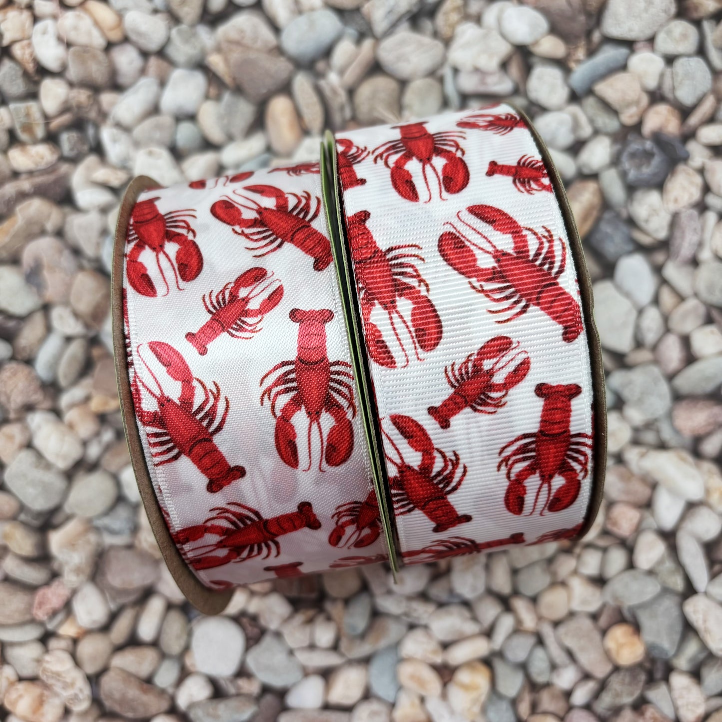 Lobster ribbon, red lobsters printed on 7/8"  and 1.5" white satin and grosgrain