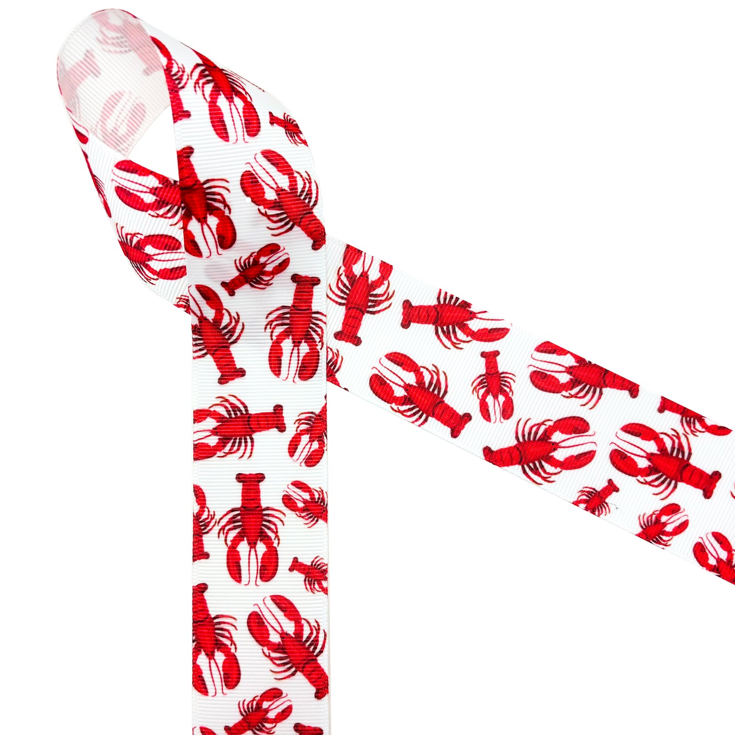 Lobster ribbon, red lobsters printed on 7/8"  and 1.5" white satin and grosgrain