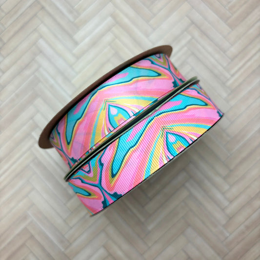 Pastel Marbled ribbon in shades of pink, yellow and blue printed on 7/8"white satin and grograin