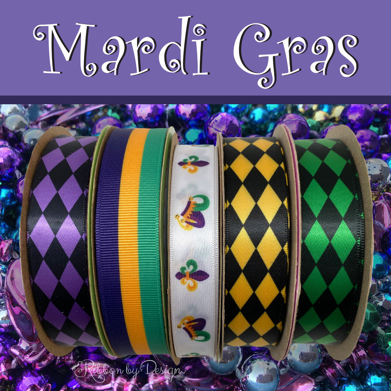 Mardi Gras jester hats and fleu de lis in purple, green and yellow printed  on 5/8 white single face satin ribbon, 10 yards