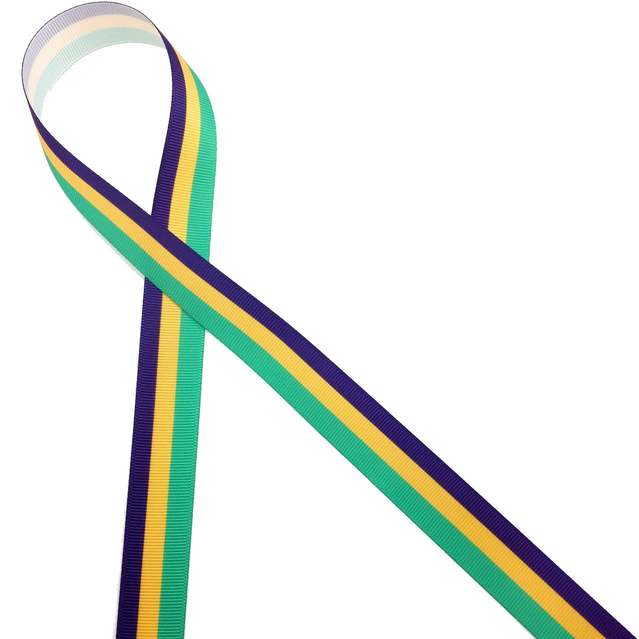 Stripes of green yellow and purple on 7/8" white grosgrain ribbon makes an ideal accent ribbon for your Mardi Gras events! This is an ideal ribbon for gift wrap, gift baskets, party decor, wreath making, cookies, cakek pops, quilting and craft projects honoring the Fat Tuesday tradition. All our ribbon is designed and printed in the USA