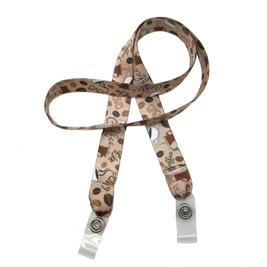 24" mask holder with soft plastic snap closures printed with our Coffee design printed on both sides on  5/8" Ultra Lanyard material is  perfect for adults to keep track of face masks at  work, school, sports practice, lunch and break time.