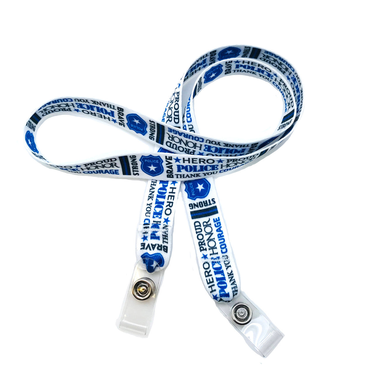 24" mask holder with soft plastic snap closures printed with our Police Officer word block design printed on both sides on  5/8" Ultra Lanyard material is  perfect for adults to keep track of face masks at  work, school, sports practice, lunch and break time.