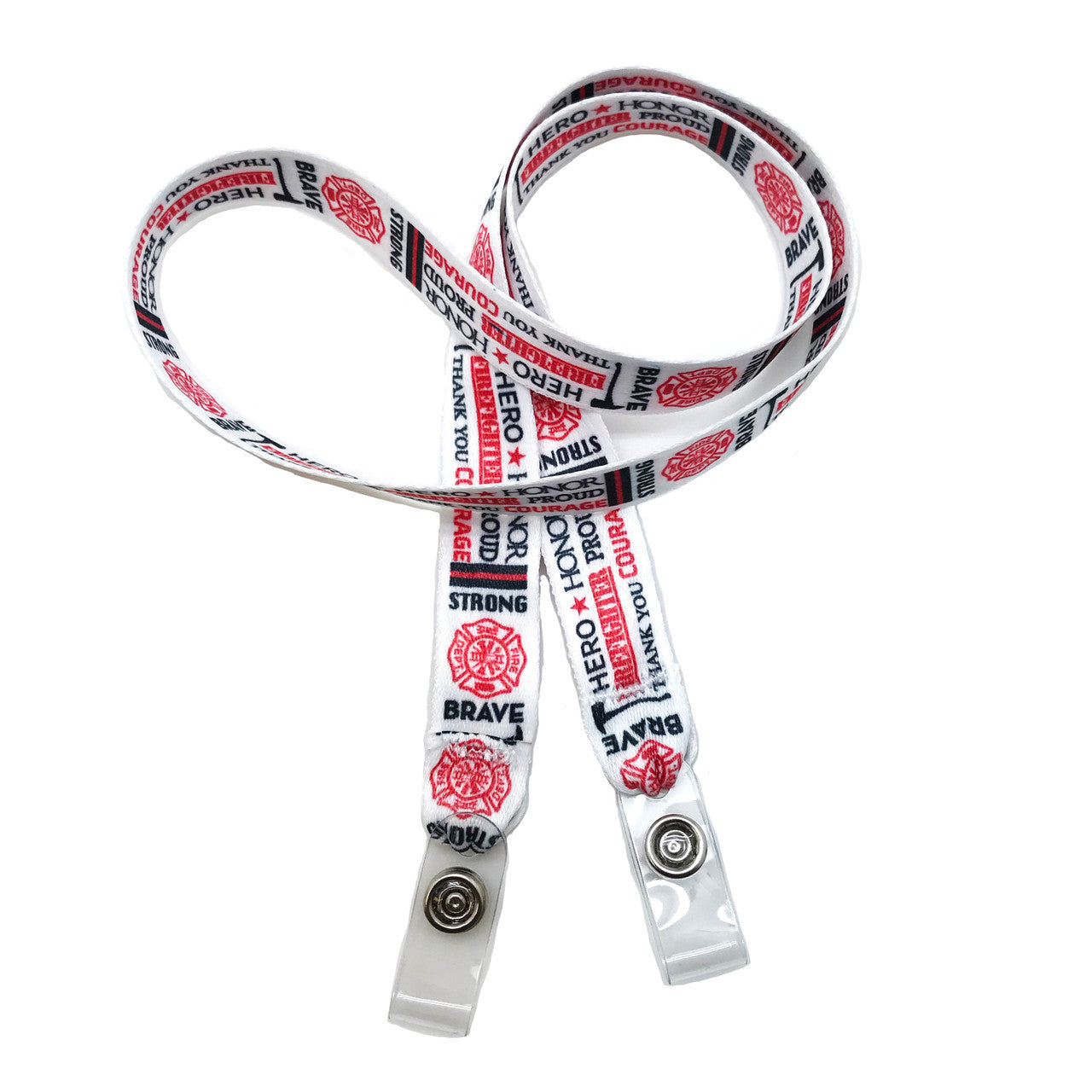 24" mask holder with soft plastic snap closures printed with our Firefighter word block design printed on both sides on  5/8" Ultra Lanyard material is  perfect for adults to keep track of face masks at  work, school, sports practice, lunch and break time.
