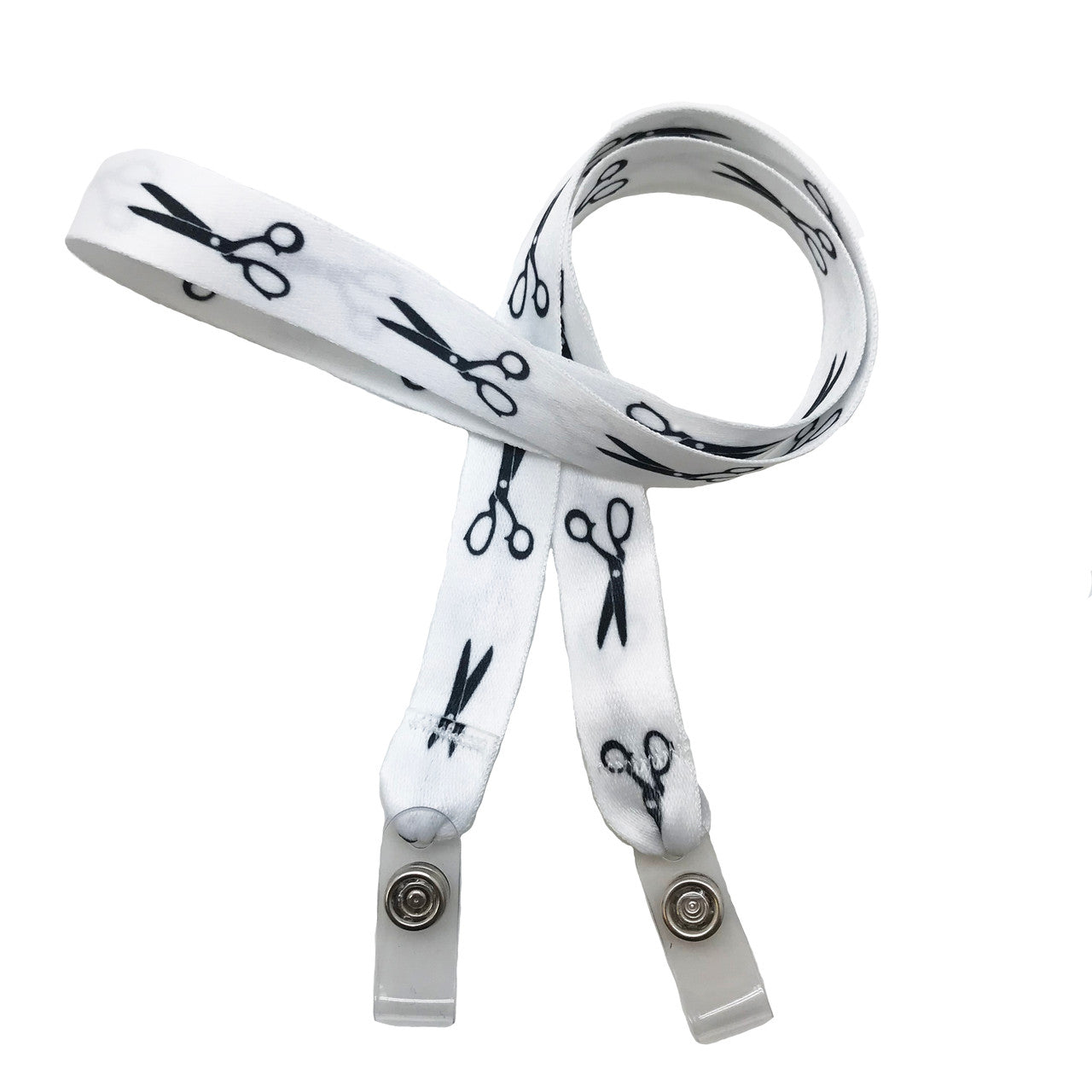 24" mask holder with soft plastic snap closures printed with our Scissors design printed on both sides on  5/8" Ultra Lanyard material is  perfect for adults to keep track of face masks at  work, school, sports practice, lunch and break time.