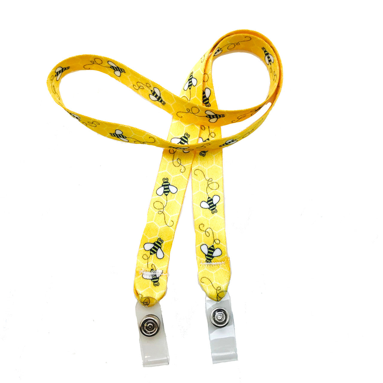 24" mask holder with soft plastic snap closures printed with our Bee theme design printed on both sides on  5/8" Ultra Lanyard material is  perfect for adults to keep track of face masks at  work, school, sports practice, lunch and break time.