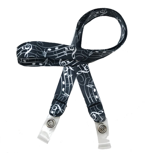 24" mask holder with soft plastic snap closures printed with our Musical Notes  design printed on both sides on  5/8" Ultra Lanyard material is  perfect for adults to keep track of face masks at  work, school, sports practice, lunch and break time.
