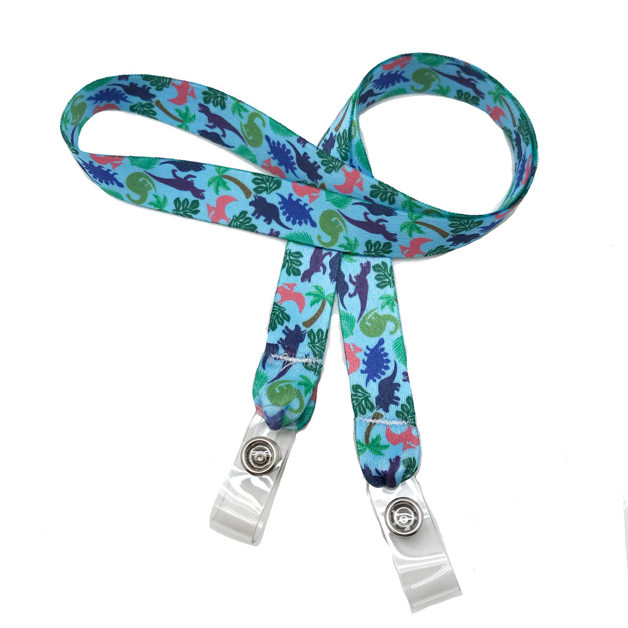 24" mask holder with soft plastic snap closures printed with our dinosaur design printed on both sides on  5/8" Ultra Lanyard material are perfect for children and adults for keeping track of face masks at school, sports practice, lunch and break time.