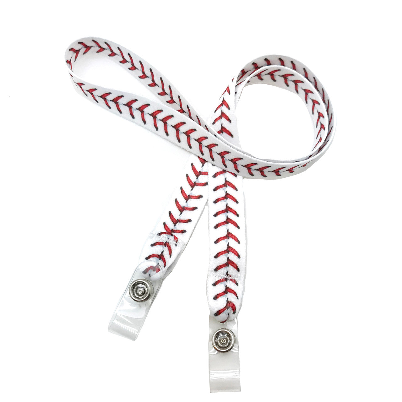 24" mask holder with soft plastic snap closures printed with a baseball stitch design printed on both sides on  5/8" Ultra Lanyard material are perfect for children and adults for keeping track of face masks at school, sports practice, lunch and break time.
