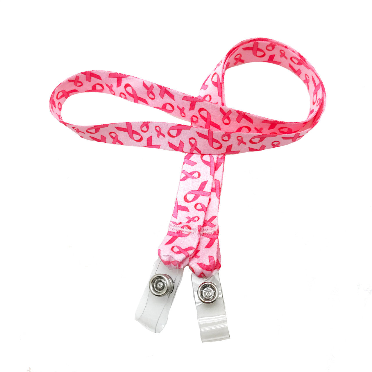 24" mask holder with soft plastic snap closures printed with our pink breast cancer awareness design printed on both sides on  5/8" Ultra Lanyard material is  perfect for adults to keep track of face masks at  work, school, sports practice, lunch and break time.