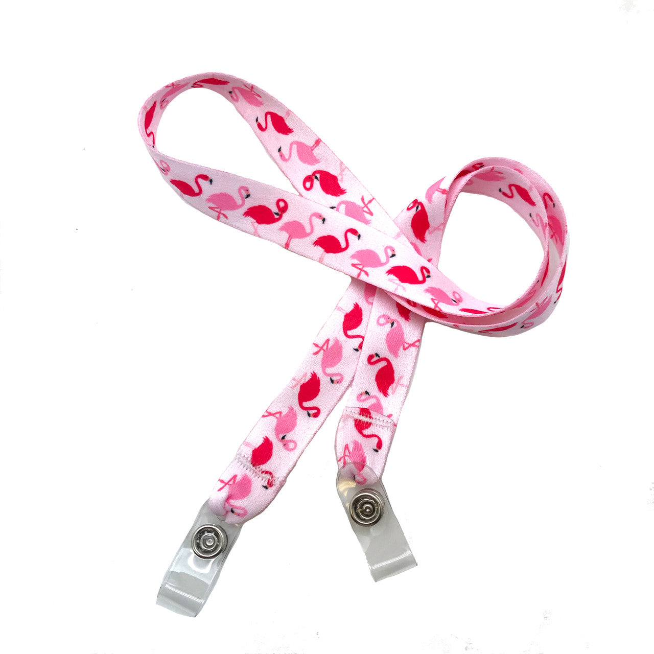 24" mask holder with soft plastic snap closures printed with our pink flamingo design printed on both sides on  5/8" Ultra Lanyard material is perfect for children and adults to keep track of face masks at  work, school, sports practice, lunch and break time.