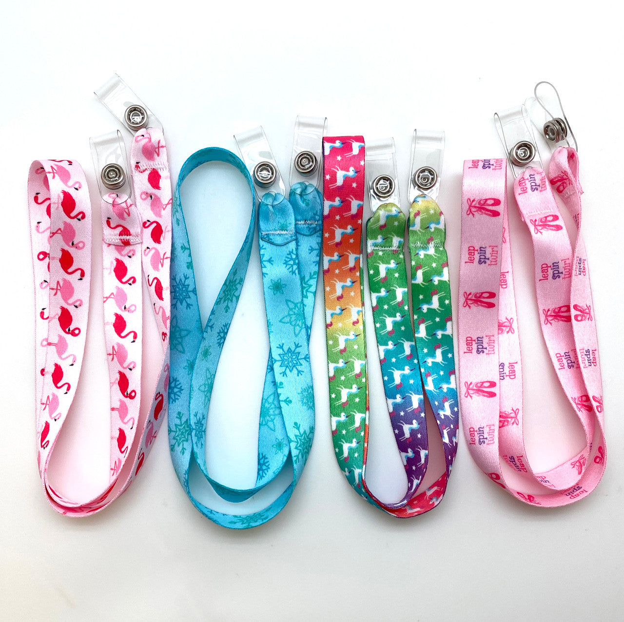 These lanyards are available in four fun designs for girls Choose among Frozen blue snowflakes, Unicorns, Ballet theme, and flamingos.  Never lose a face mask at school, sports practice, on the bus or during lunch again!
