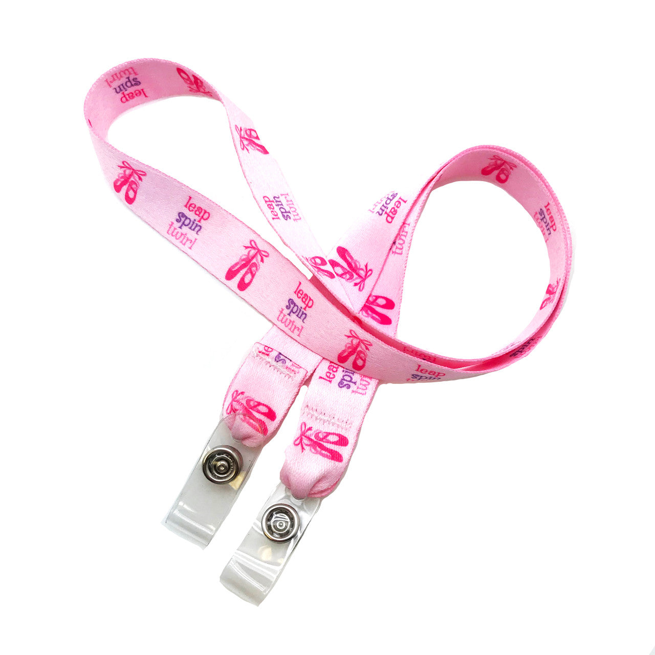 24" mask holder with soft plastic snap closures printed with our pink ballet design printed on both sides on  5/8" Ultra Lanyard material are perfect for children and adults for keeping track of face masks at school, sports practice, lunch and break time.