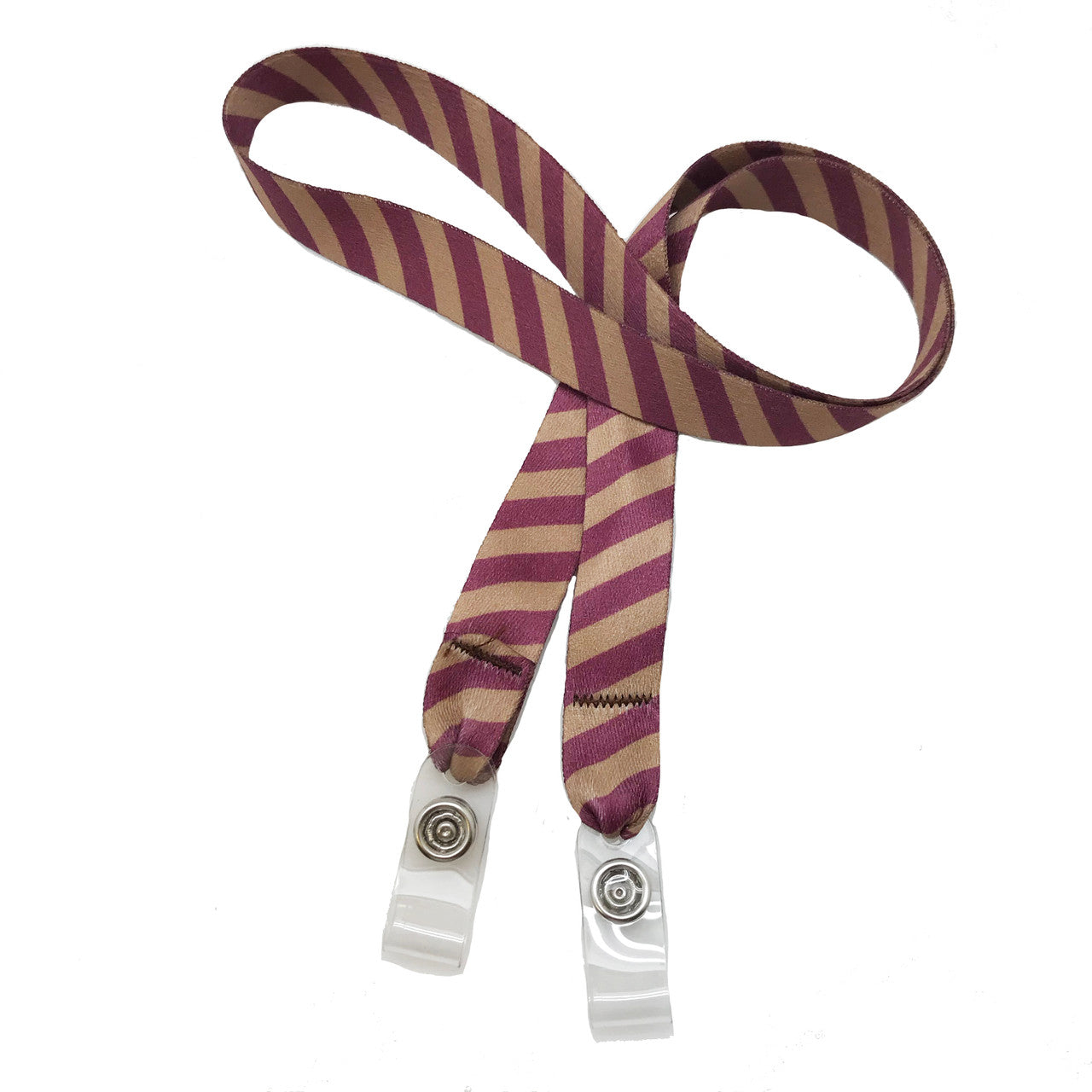24" mask holder with soft plastic snap closures printed with ourrburgundy and gold stripe printed on both sides on  5/8" Ultra Lanyard material is  perfect for adults to keep track of face masks at  work, school, sports practice, lunch and break time.