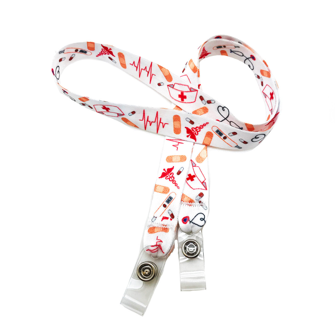 24" mask holder with soft plastic snap closures printed with our nurse/medical worker design printed on both sides on  5/8" Ultra Lanyard material is  perfect for adults to keep track of face masks at  work, school, sports practice, lunch and break time.