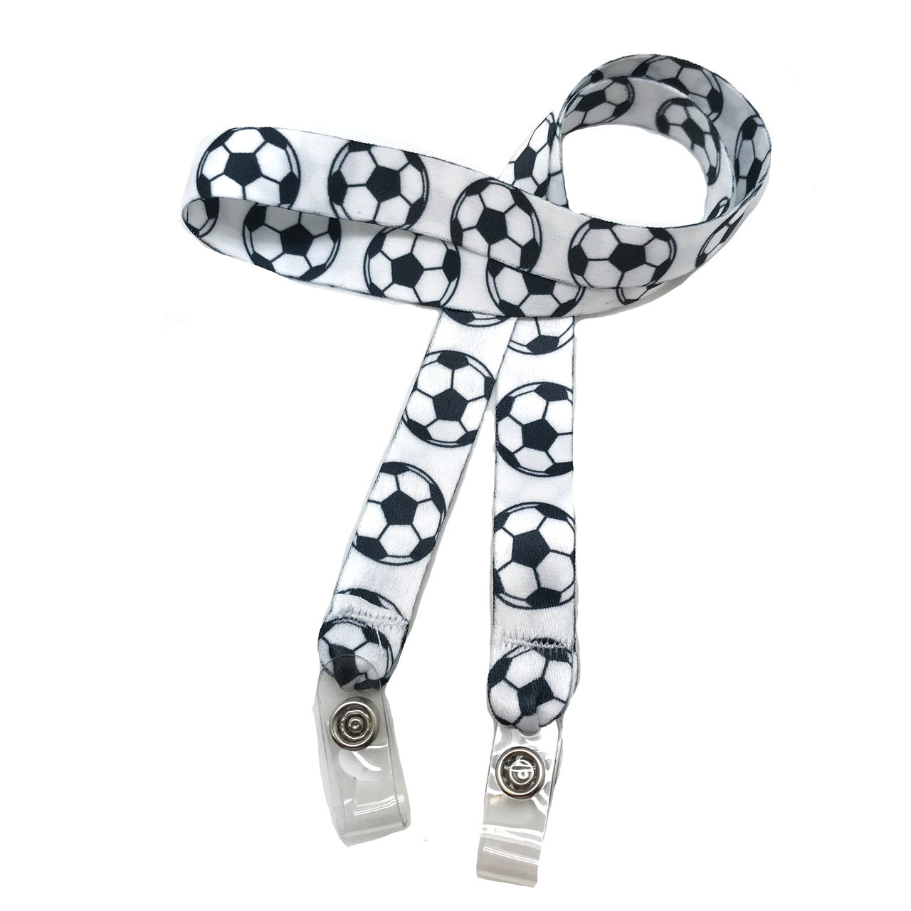 24" mask holder with soft plastic snap closures printed with a soccer ball design printed on both sides on  5/8" Ultra Lanyard material are perfect for children and adults for keeping track of face masks at school, sports practice, lunch and break time.