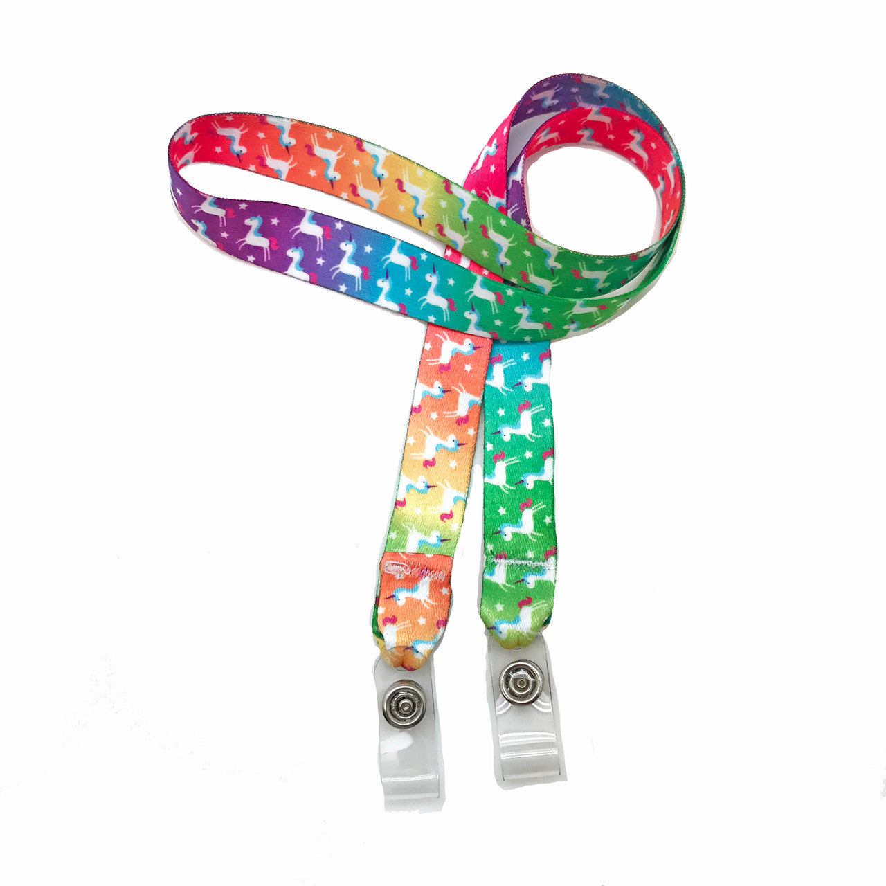 24" mask holder with soft plastic snap closures printed with our rainbow Unicorn design printed on both sides on  5/8" Ultra Lanyard material are perfect for children and adults for keeping track of face masks at school, sports practice, lunch and break time.