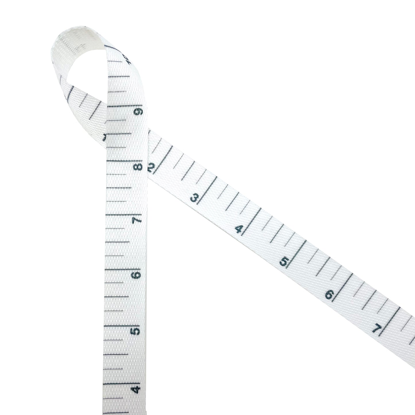 Measuring tape ruler ribbon black lines and numbers printed on 5/8" yellow gold satin and white woven fabric