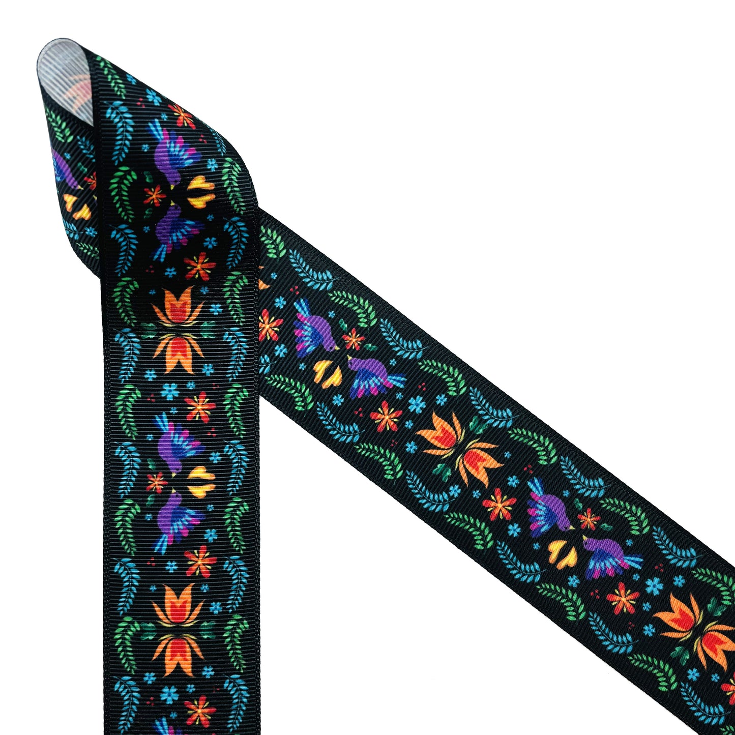 Mexican Floral Ribbon flowers of orange and turquoise with purple birds and green flora on a black background printed on 1.5" satin and grosgrain