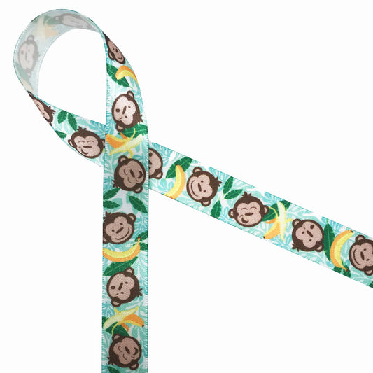 These little monkey faces and bananas are tossed along a banana leaf and palm frond background. Printed on 5/8" white single face satin, these little fellas will add so much fun to your party!