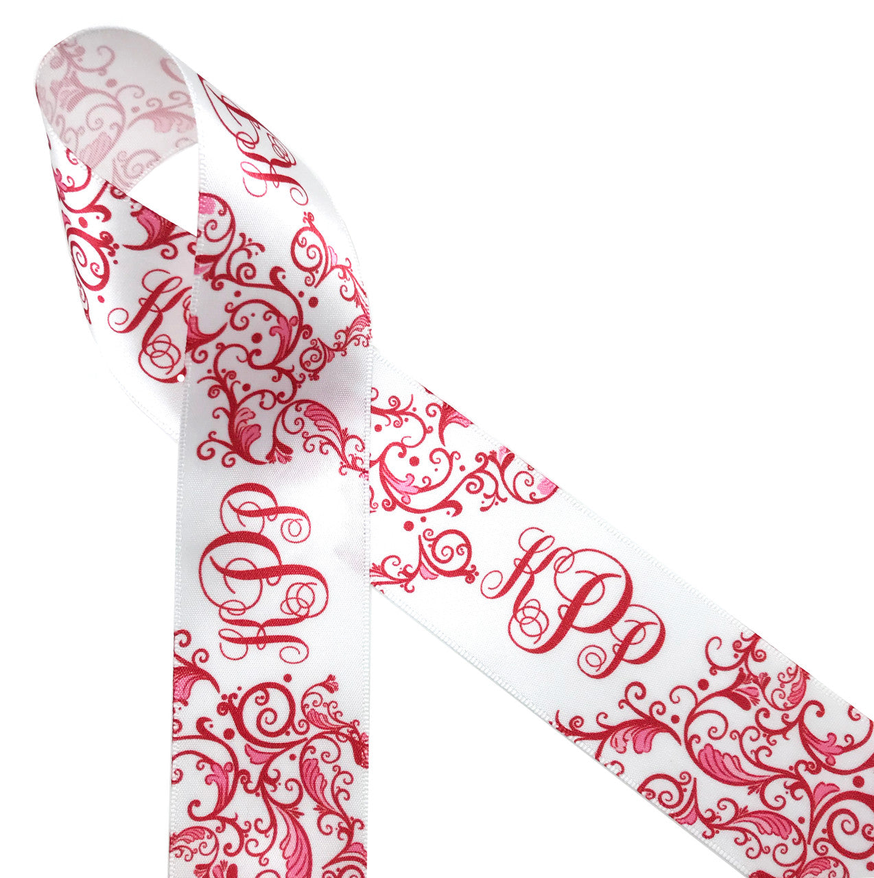 Monogram ribbon in red and white with Chinoiserie pattern printed on 1. ...