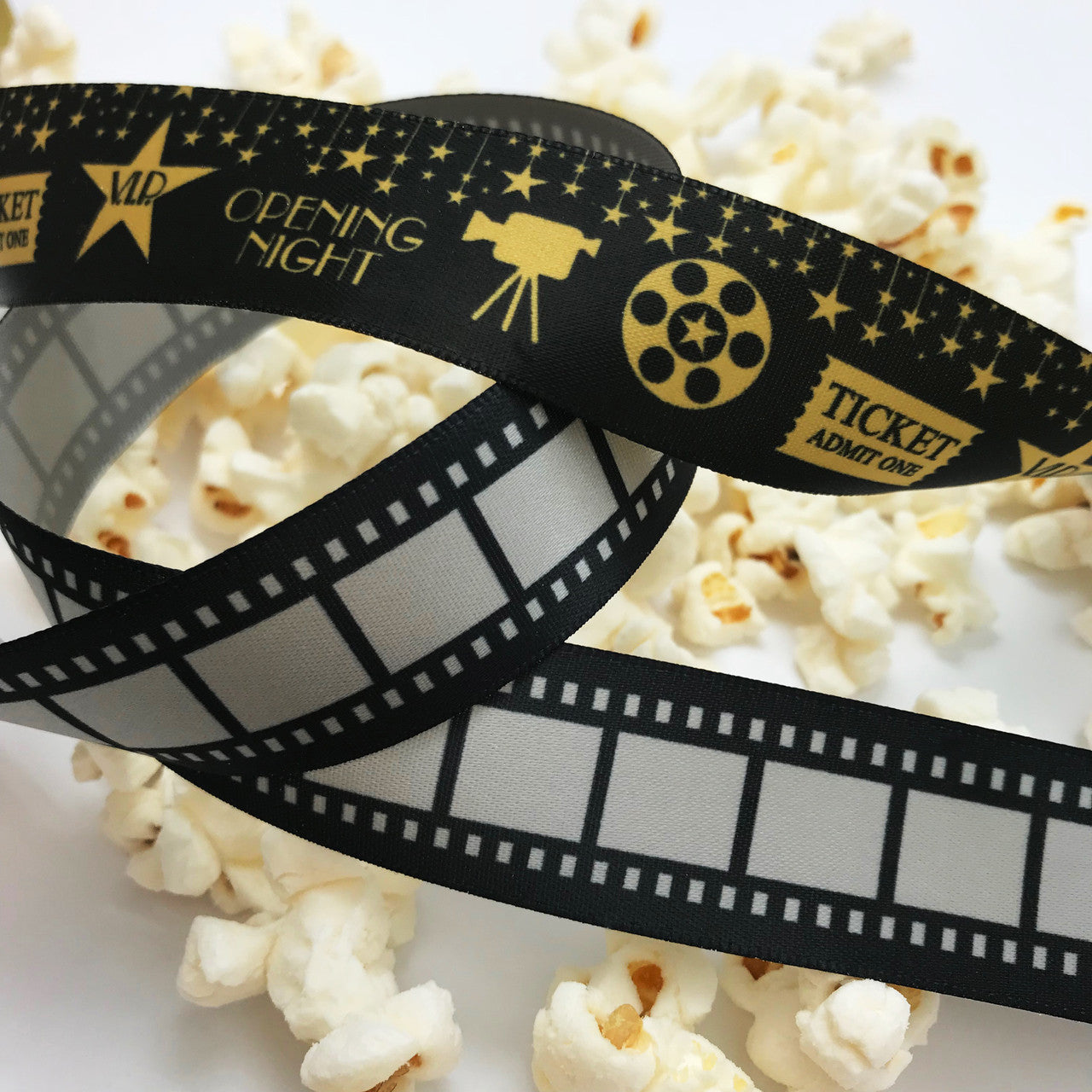 Movie Film Strip ribbon for, Vintage film, Movie Party, Movie night, gift  wrap, Hollywood in black printed on 7/8 silver satin