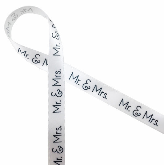 Mr. & Mrs. in black on 5/8" white single face satin ribbon is the perfect addition to wedding favors, dessert tables and cookies! All our ribbon is designed and printed in  the USA
