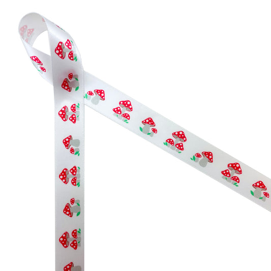 Tall and short mushrooms with red polka dots tops line up on 7/8" white single face satin ribbon. This adorable ribbon is ideal for baby showers, baby reveal, birthday parties and woodland themed events. Use this ribbon for Christmas and Valentine's day too! All our ribbon is designed and printed in the USA