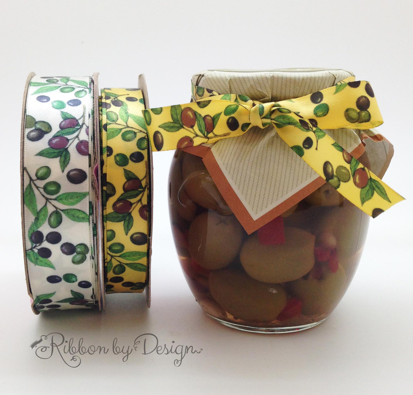 Olives Ribbon in Dark purple and green olives  printed on  5/8" Daffodil yellow single face satin