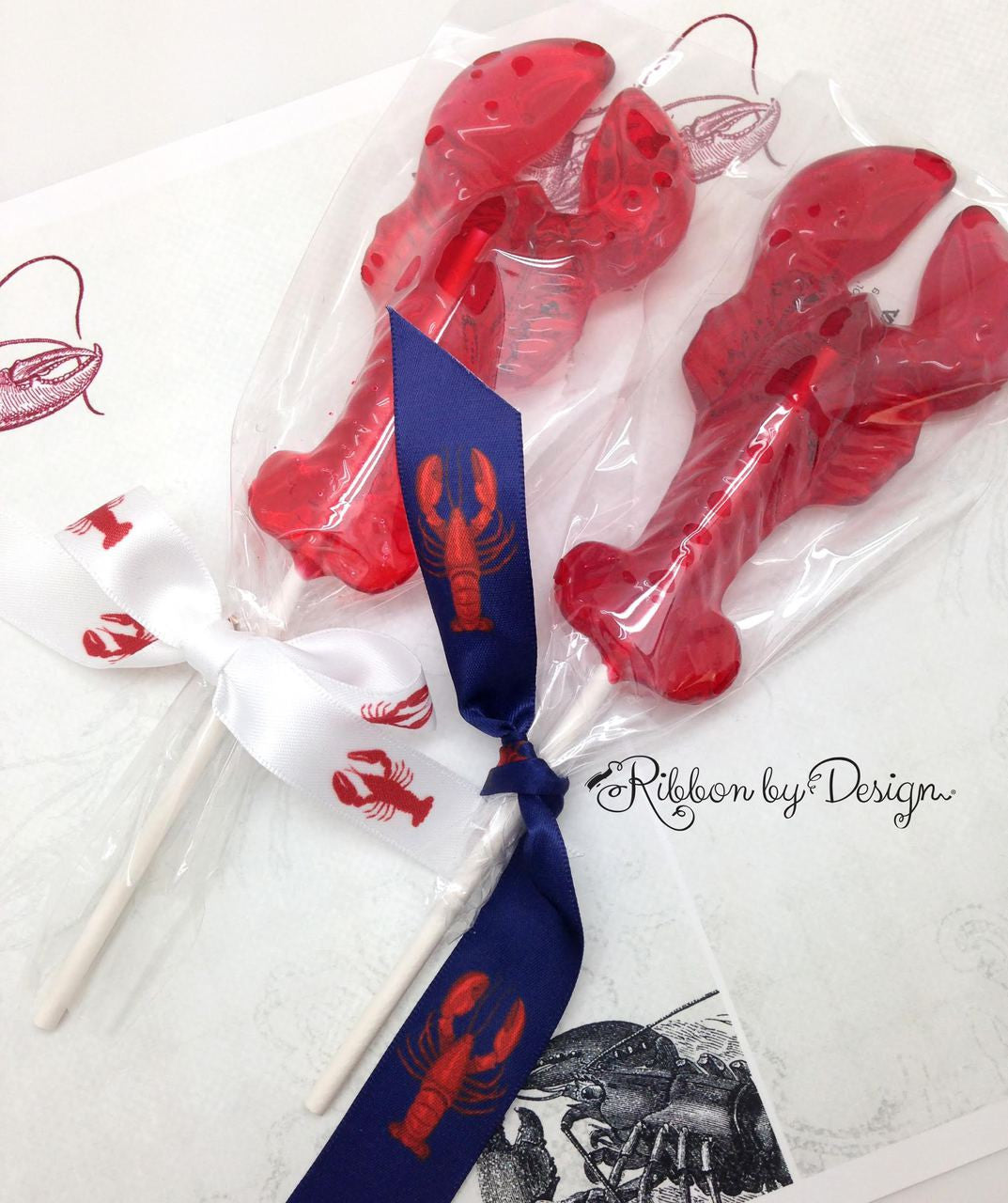 Lobster lollipops make a fabulous favor tied with either of our lobster themed ribbons!