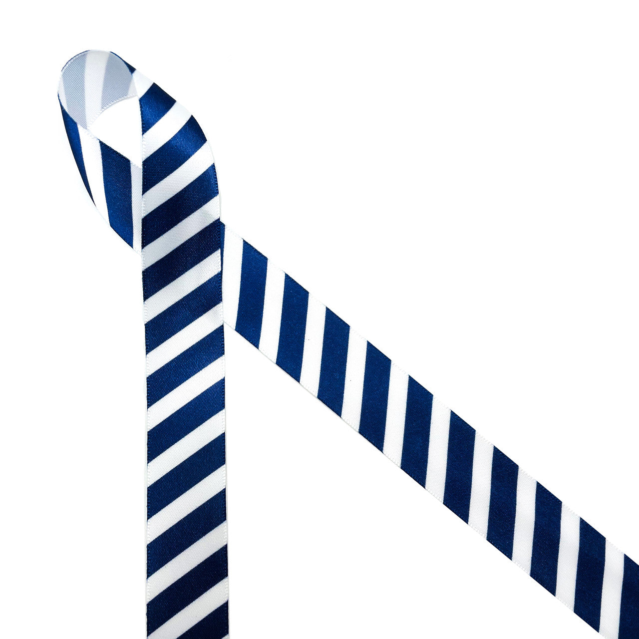 Bright Navy Blue Stripes on 7/8" White Single Face Satin Ribbon, 10 Yards