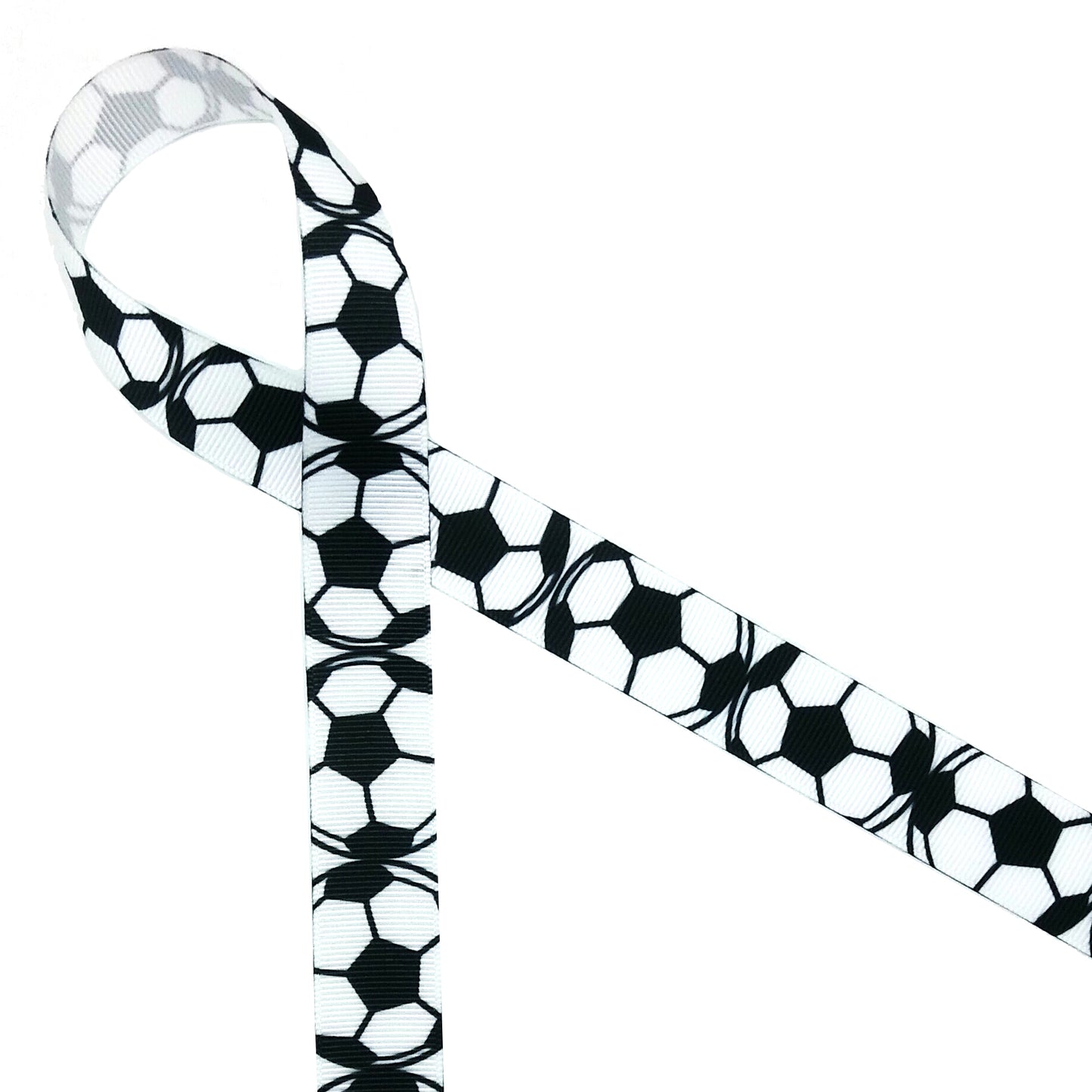 Soccer Ball Ribbon black and white soccer balls printed on 5/8" white single face satin or grosgrain
