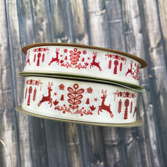 Nordic Pattern Ribbon in red on 5/8" and 7/8" Antique White Face Satin Ribbon