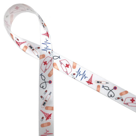 Nurse themed ribbon  featuring medical elements printed on 5/8"white single face satin. This is the perfect ribbon for celebrating National Nurses Day in on May 6th every year! Be sure to have this ribbon on hand for gift wrap, cookies, cake pops, chocolates, sweets and gifts of appreciation. All our ribbon is designed and printed in the USA