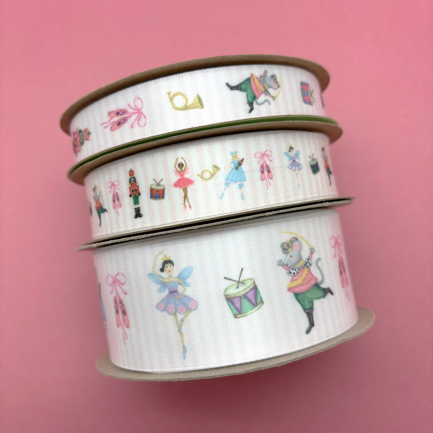 Nutcracker Ballet ribbon featuring all the characters printed on 5/8", 7/8" and 1.5" white satin