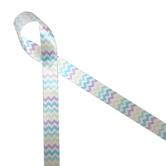 Pastel chevron in lavender, yellow, and turquoise printed on 7/8" white single face satin is the ideal ribbon for Spring brunch, Easter baskets, Easter floral designs and baby showers! Be sure  to have this ribbon on hand for all your Spring quilting, sewing and craft projects too! All our ribbon is designed and printed in the USA