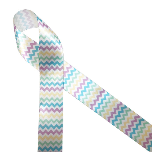 Pastel chevron in lavender, yellow, and turquoise printed on 1.5" white single face satin is the ideal ribbon for Spring brunch, Easter baskets, Easter floral designs and baby showers! Be sure  to have this ribbon on hand for all your Spring quilting, sewing and craft projects too! All our ribbon is designed and printed in the USA