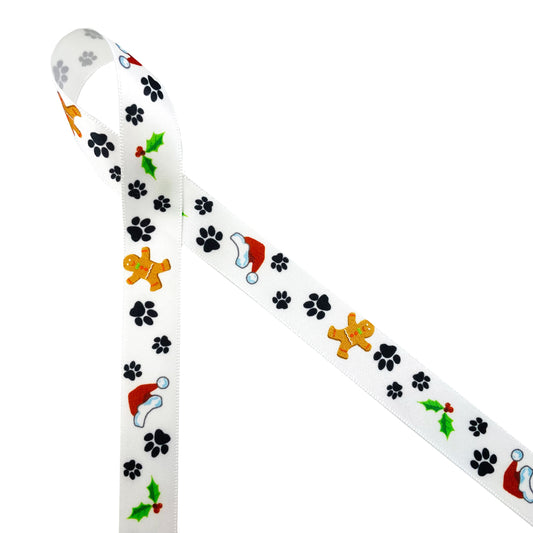 Holiday Paw Prints Ribbon in black with Christmas elements on 5/8"white single face satin ribbon
