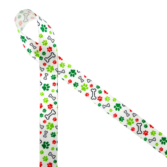 Holiday Dog Bones Ribbon with green and red paw prints on 5/8" white Single Face Satin ribbon
