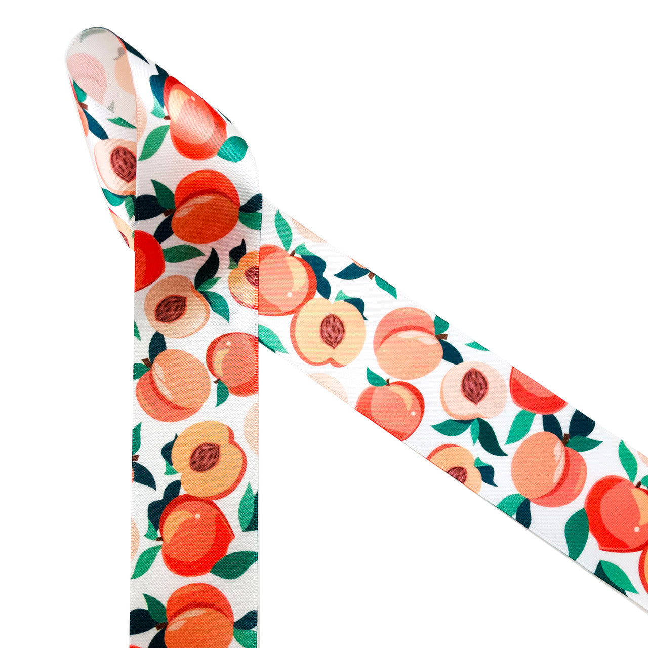 Peaches are the sweetest fruits of Summer! Peaches whole and in halves with green leaves printed on 1.5" white single faces satin ribbon is an ideal ribbon for Summer crafting. This is perfect for baby showers, Summer parties, gift wrap, gift baskets, farm stands, hair bows, wreaths, crafts, sewing and quilting. All our ribbon is designed an printed in the USA